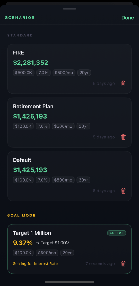 Saved scenarios list grouped by Standard and Goal Mode